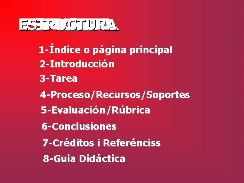 1 -Índice o página principal 2 -Introducción 3 -Tarea 4 -Proceso/Recursos/Soportes 5 -Evaluación/Rúbrica 6