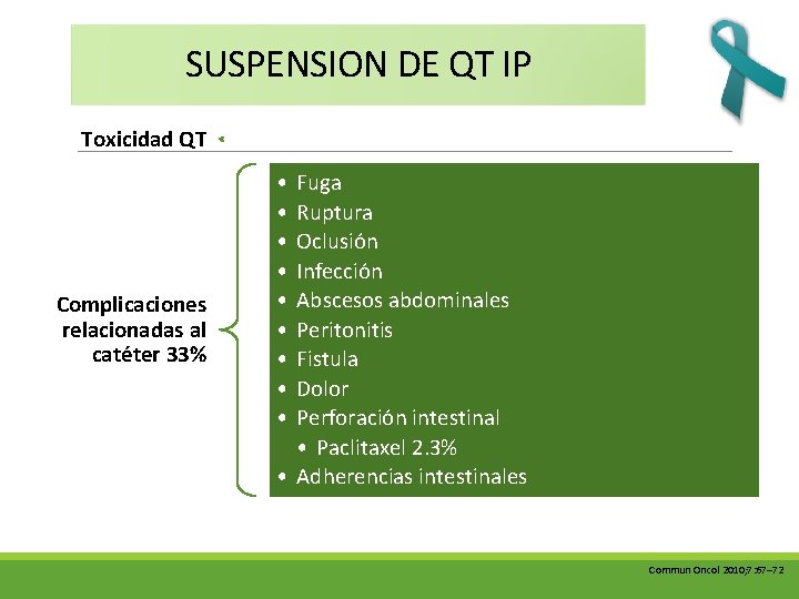 SUSPENSION DE QT IP Toxicidad QT Complicaciones relacionadas al catéter 33% • • •