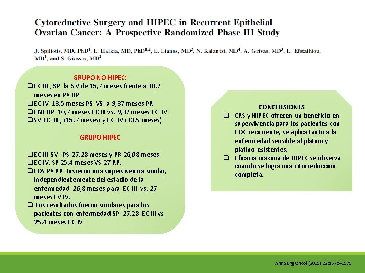 GRUPO NO HIPEC: q EC III c SP la SV de 15, 7 meses