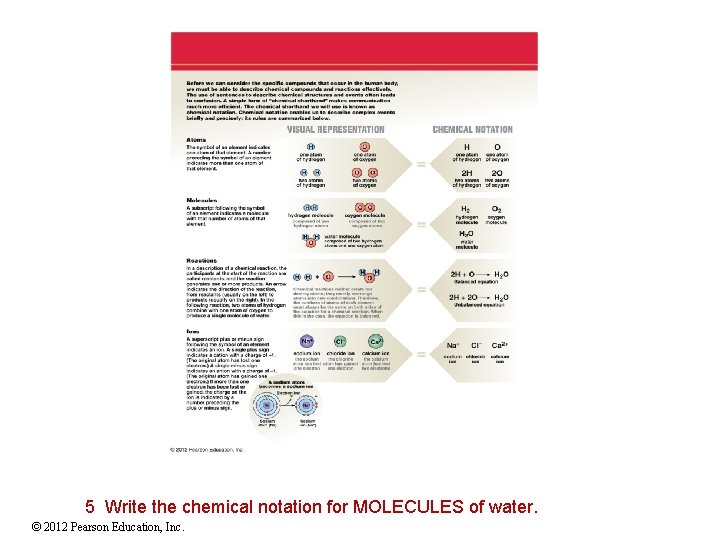 5 Write the chemical notation for MOLECULES of water. © 2012 Pearson Education, Inc.