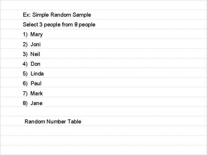 Ex: Simple Random Sample Select 3 people from 8 people 1) Mary 2) Joni