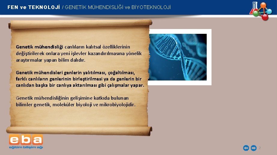 FEN ve TEKNOLOJİ / GENETİK MÜHENDİSLİĞİ ve BİYOTEKNOLOJİ Genetik mühendisliği canlıların kalıtsal özelliklerinin değiştirilerek