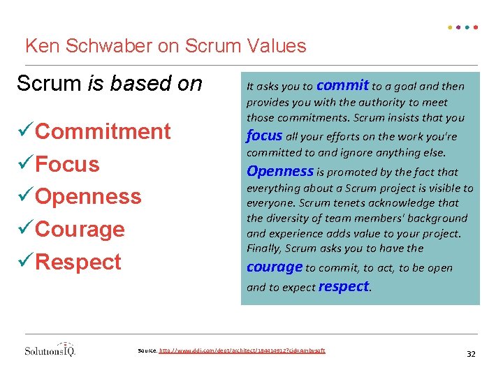 Ken Schwaber on Scrum Values Scrum is based on üCommitment üFocus üOpenness üCourage üRespect