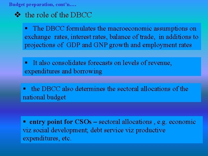 Budget preparation, cont’n…. v the role of the DBCC § The DBCC formulates the