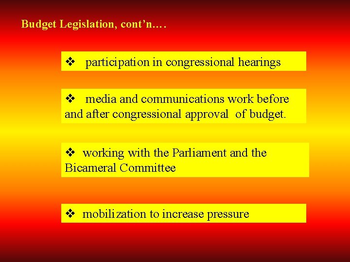 Budget Legislation, cont’n…. v participation in congressional hearings v media and communications work before