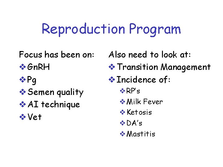 Reproduction Program Focus has been on: v Gn. RH v Pg v Semen quality