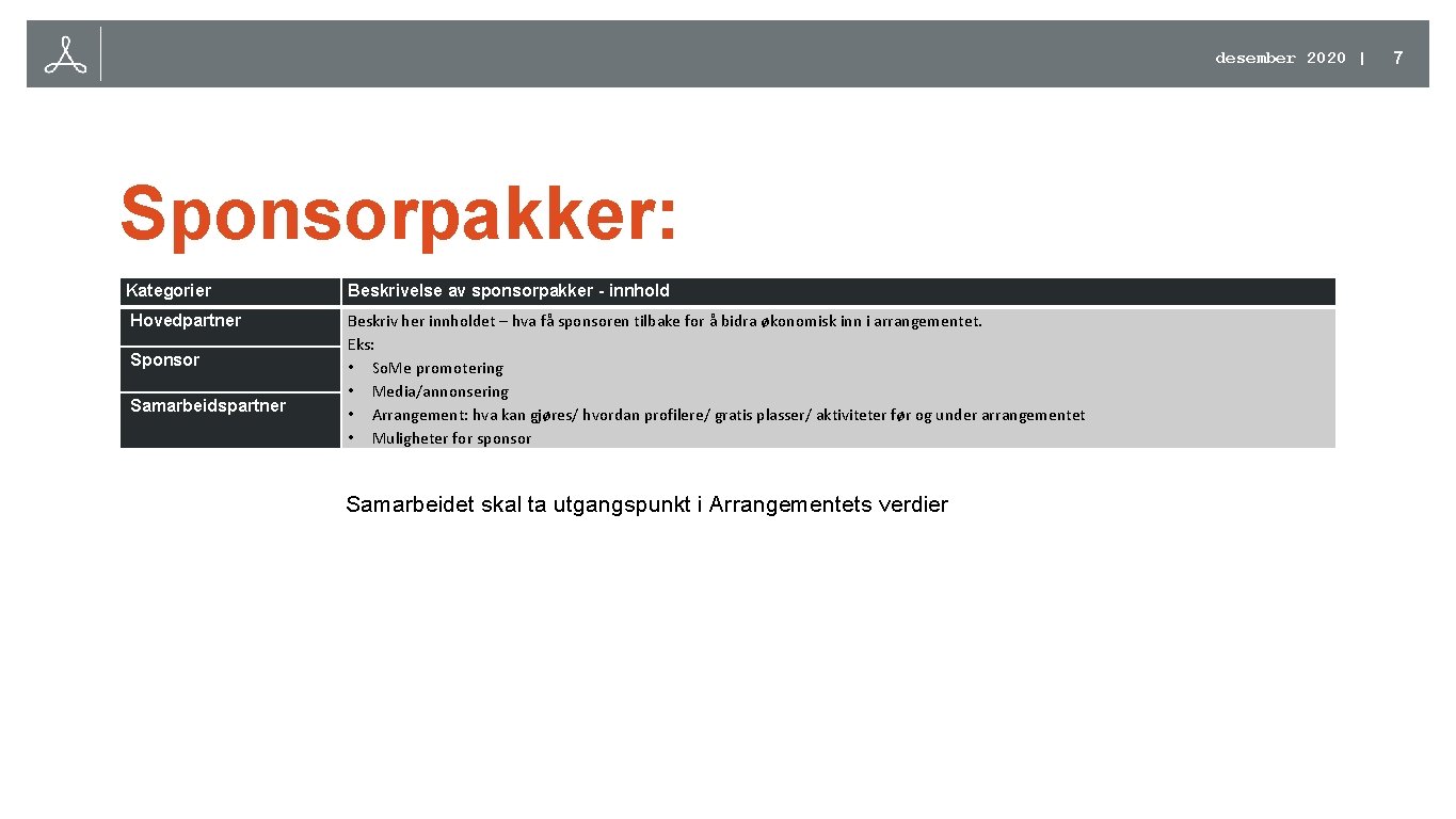 desember 2020 | Sponsorpakker: Kategorier Beskrivelse av sponsorpakker - innhold Hovedpartner Beskriv her innholdet