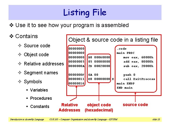 Listing File v Use it to see how your program is assembled v Contains