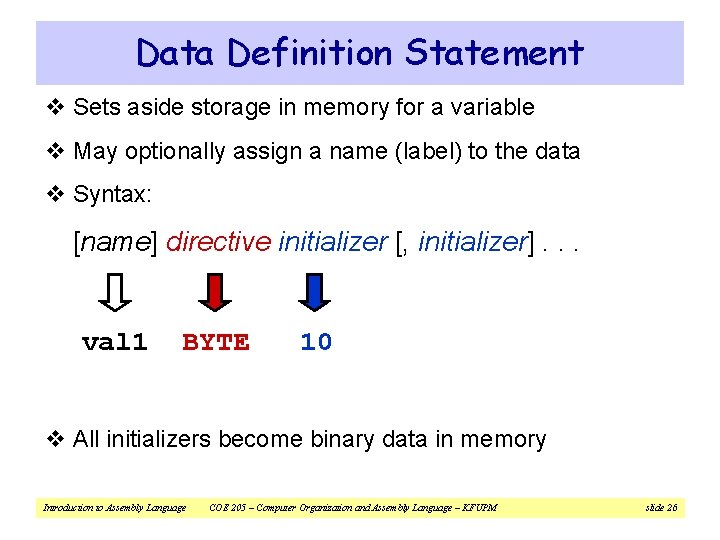 Data Definition Statement v Sets aside storage in memory for a variable v May