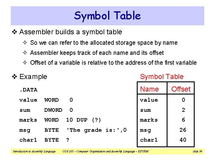 Symbol Table v Assembler builds a symbol table ² So we can refer to