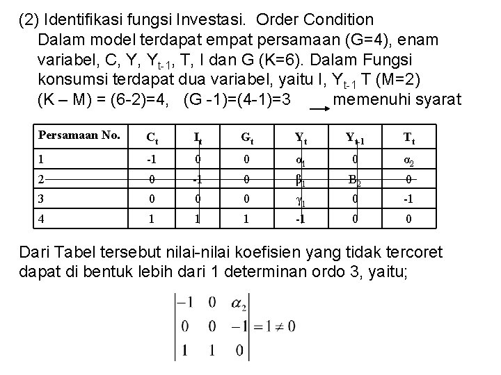 (2) Identifikasi fungsi Investasi. Order Condition Dalam model terdapat empat persamaan (G=4), enam variabel,