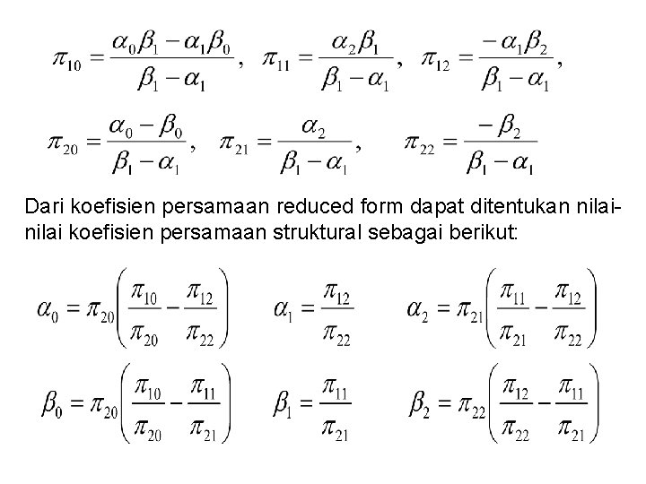Dari koefisien persamaan reduced form dapat ditentukan nilai koefisien persamaan struktural sebagai berikut: 