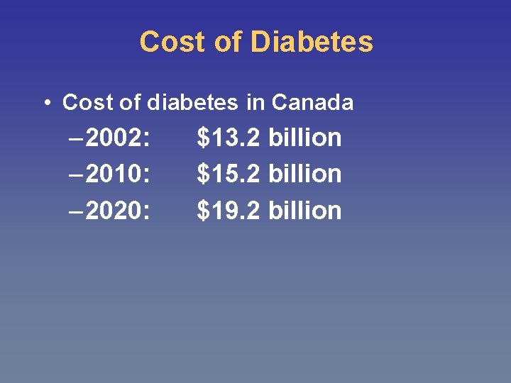 Cost of Diabetes • Cost of diabetes in Canada – 2002: – 2010: –