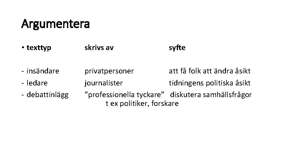 Argumentera • texttyp skrivs av syfte - insändare - ledare - debattinlägg privatpersoner att