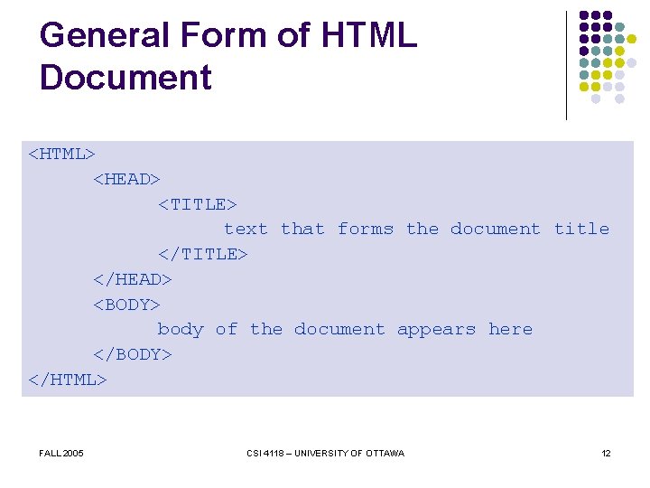 General Form of HTML Document <HTML> <HEAD> <TITLE> text that forms the document title