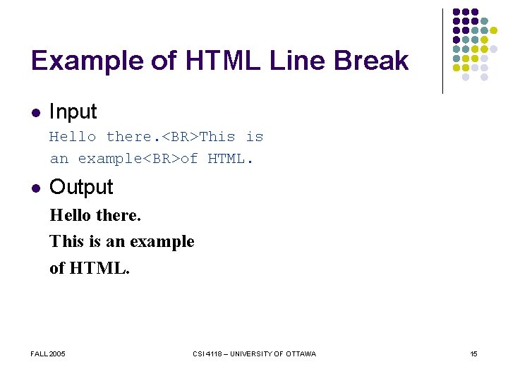 Example of HTML Line Break l Input Hello there. <BR>This is an example<BR>of HTML.