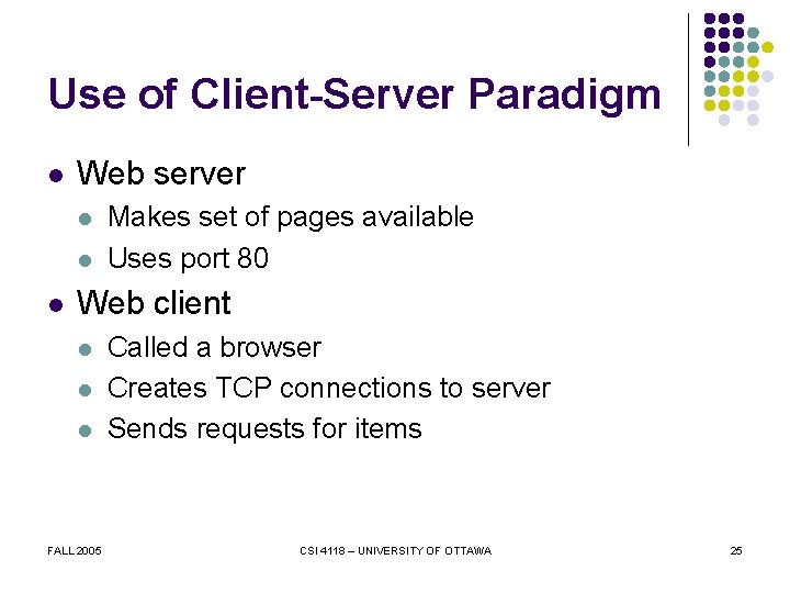 Use of Client-Server Paradigm l Web server l l l Makes set of pages