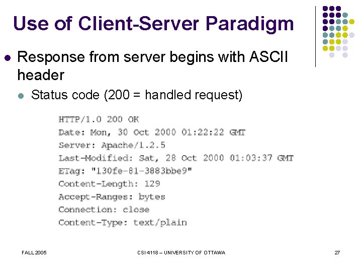 Use of Client-Server Paradigm l Response from server begins with ASCII header l Status