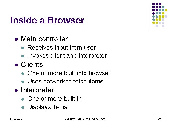 Inside a Browser l Main controller l l l Clients l l l Receives