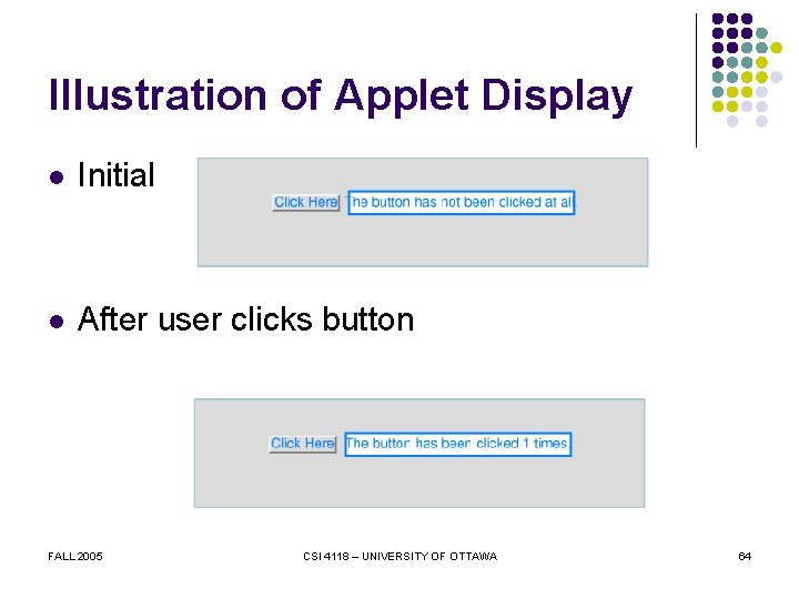 Illustration of Applet Display l Initial l After user clicks button FALL 2005 CSI