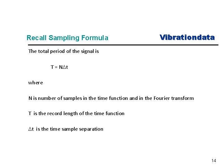 Recall Sampling Formula Vibrationdata The total period of the signal is T = N