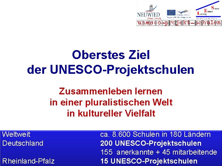 Oberstes Ziel der UNESCO-Projektschulen Zusammenleben lernen in einer pluralistischen Welt in kultureller Vielfalt Weltweit