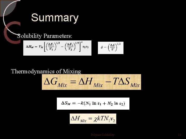 Summary Solubility Parameters: Thermodynamics of Mixing Polymer Solubility 11 