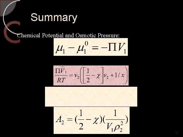 Summary Chemical Potential and Osmotic Pressure: Polymer Solubility 13 