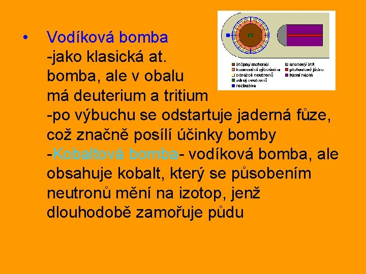  • Vodíková bomba -jako klasická at. bomba, ale v obalu má deuterium a
