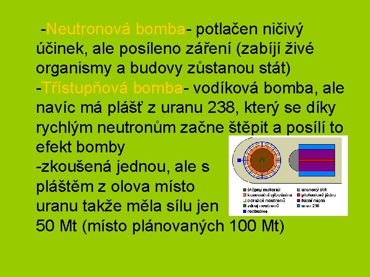 -Neutronová bomba- potlačen ničivý účinek, ale posíleno záření (zabíjí živé organismy a budovy zůstanou