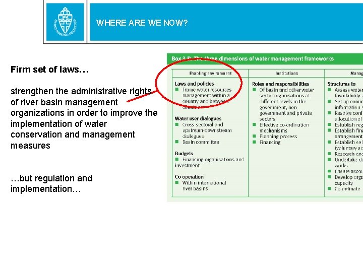 WHERE ARE WE NOW? Firm set of laws… strengthen the administrative rights of river