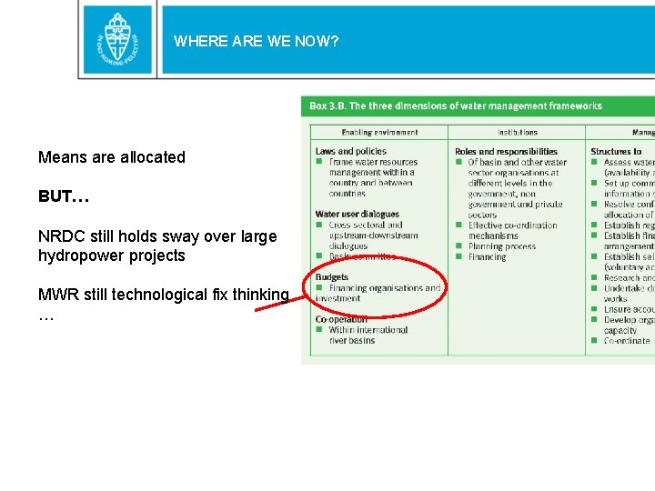 WHERE ARE WE NOW? Means are allocated BUT… NRDC still holds sway over large