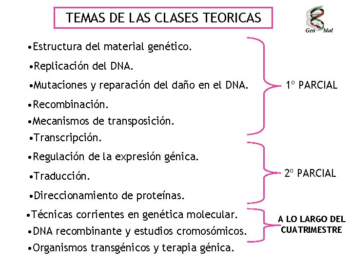 TEMAS DE LAS CLASES TEORICAS • Estructura del material genético. • Replicación del DNA.