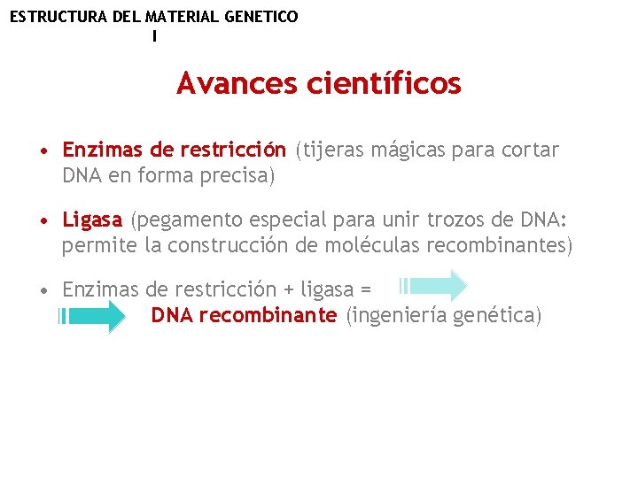 ESTRUCTURA DEL MATERIAL GENETICO I Avances científicos • Enzimas de restricción (tijeras mágicas para