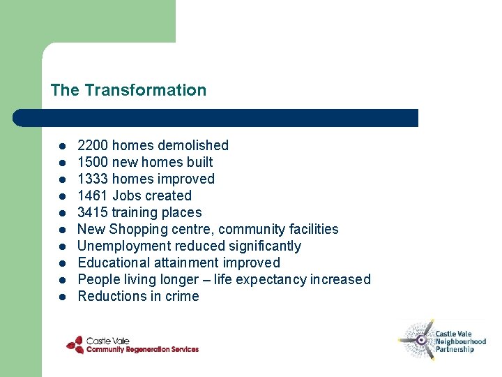The Transformation l l l l l 2200 homes demolished 1500 new homes built