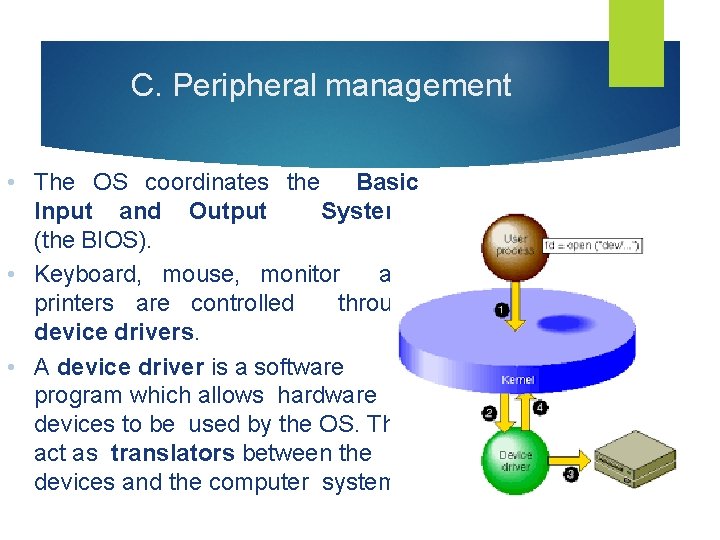 C. Peripheral management • The OS coordinates the Basic Input and Output Systems (the
