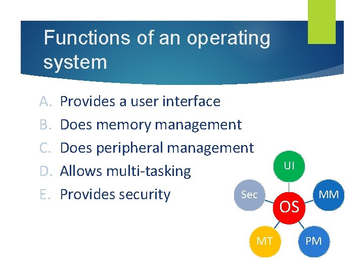 Functions of an operating system A. B. C. D. E. Provides a user interface