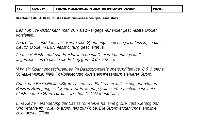 6 BG Klasse 10 Einfache Modellvorstellung eines npn-Transistors (Lösung) Physik Beschreibe den Aufbau und