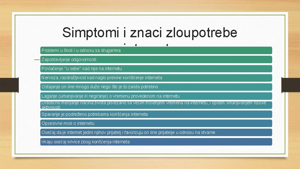 Simptomi i znaci zloupotrebe interneta Problemi u školi i u odnosu sa drugarima Zapostavljanje