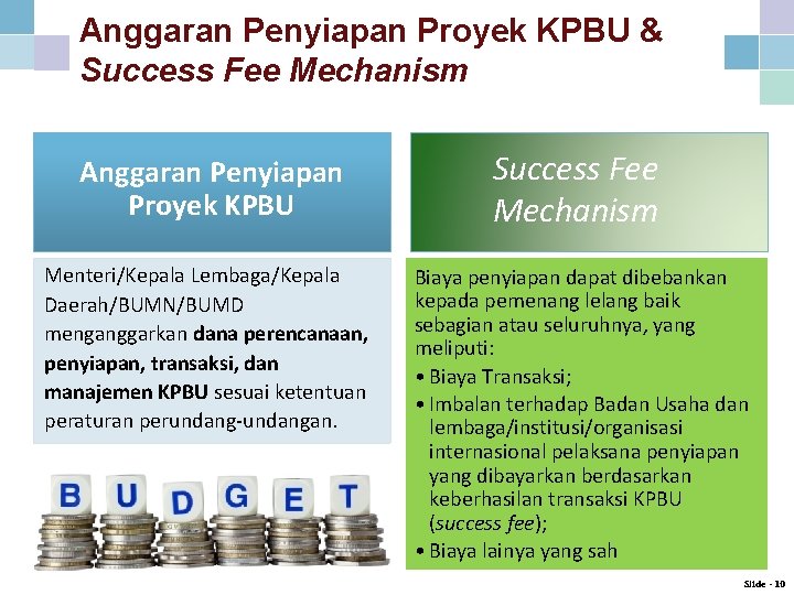 Anggaran Penyiapan Proyek KPBU & Success Fee Mechanism Anggaran Penyiapan Proyek KPBU Success Fee