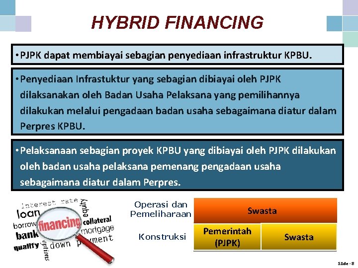 HYBRID FINANCING • PJPK dapat membiayai sebagian penyediaan infrastruktur KPBU. • Penyediaan Infrastuktur yang