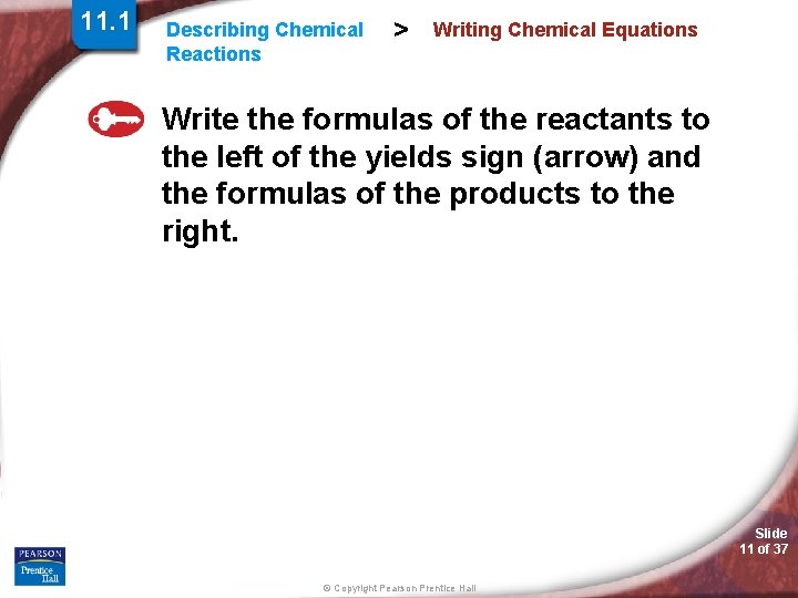 11. 1 Describing Chemical Reactions > Writing Chemical Equations Write the formulas of the