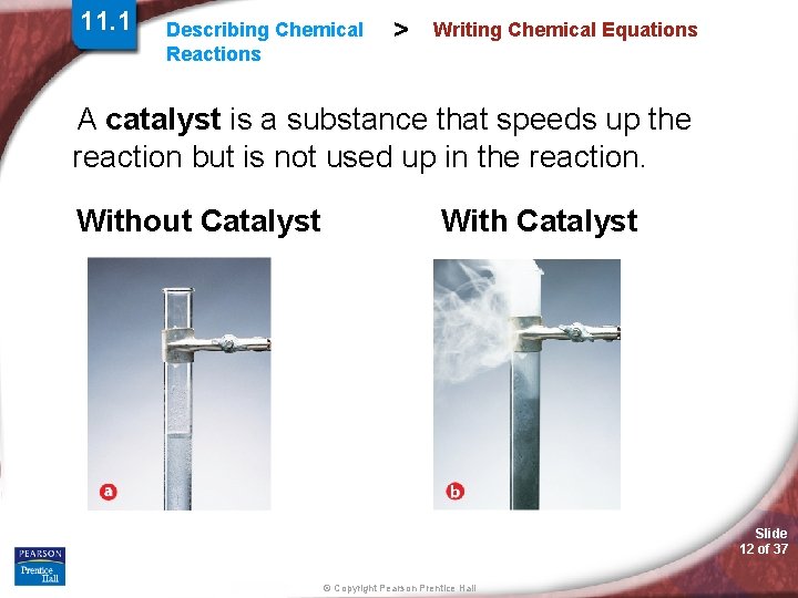 11. 1 Describing Chemical Reactions > Writing Chemical Equations A catalyst is a substance