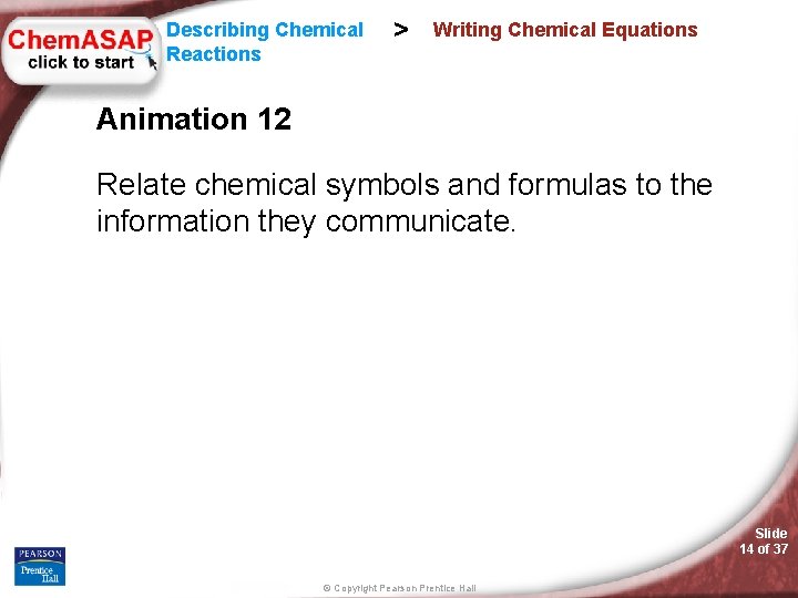 Describing Chemical Reactions > Writing Chemical Equations Animation 12 Relate chemical symbols and formulas