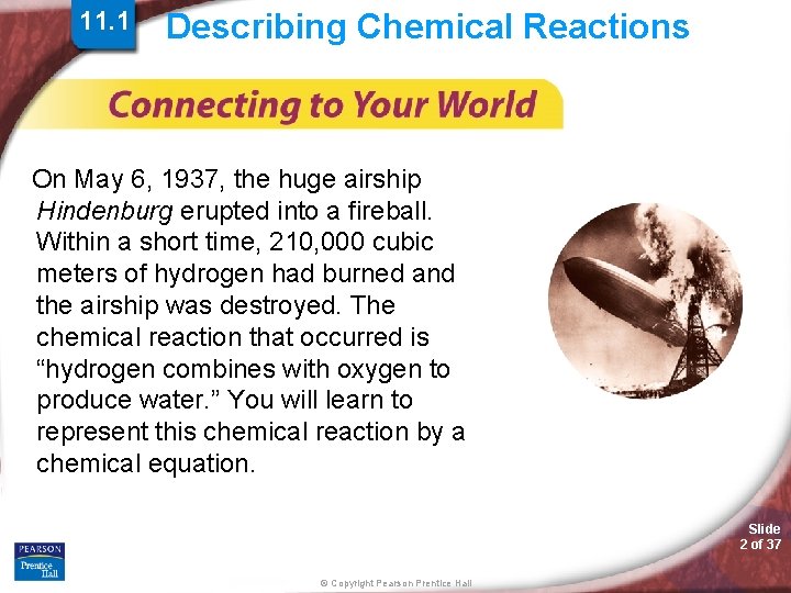 11. 1 Describing Chemical Reactions On May 6, 1937, the huge airship Hindenburg erupted