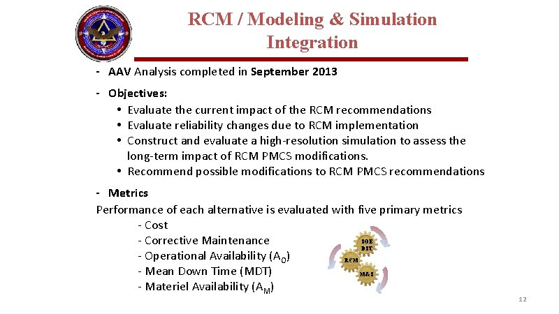 RCM / Modeling & Simulation Integration - AAV Analysis completed in September 2013 - RCM / Modeling & Simulation Integration - AAV Analysis completed in September 2013 -