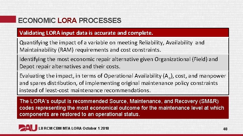 ECONOMIC LORA PROCESSES Validating LORA input data is accurate and complete. Quantifying the impact ECONOMIC LORA PROCESSES Validating LORA input data is accurate and complete. Quantifying the impact