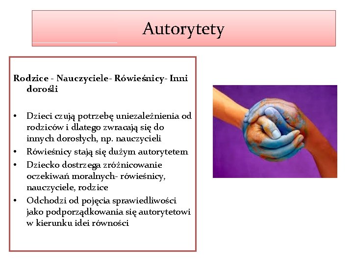 Autorytety Rodzice - Nauczyciele- Rówieśnicy- Inni dorośli • • Dzieci czują potrzebę uniezależnienia od