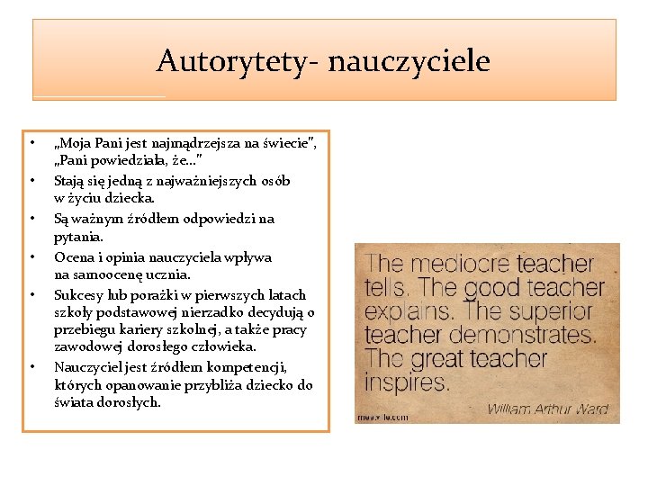 Autorytety- nauczyciele • • • „Moja Pani jest najmądrzejsza na świecie”, „Pani powiedziała, że…”