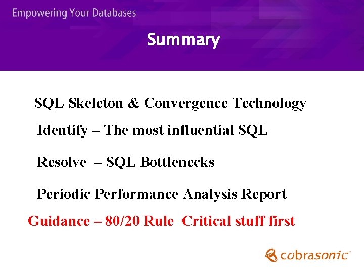 Summary Performance Tuning Methodology SQL Skeleton & Convergence Technology Identify – The most influential